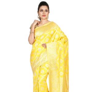 Yellow Banarasi Pure Katan Silk Saree - Tulsi Jangla With Gold Coated Zari | Traditional Banarasi Handloom Silk Saree | Silk Mark Certified
