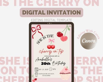 Editable Cherry Birthday Invitation | She Is the Cherry On Top | Digital Template | Birthday Canva Template