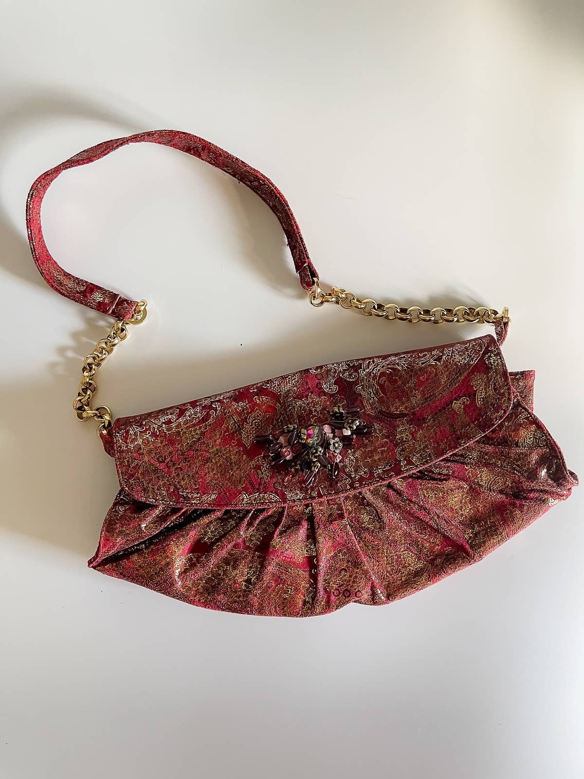 Vintage J. Renee Cranapple & Gold Paisley Print Handbag-Tags
