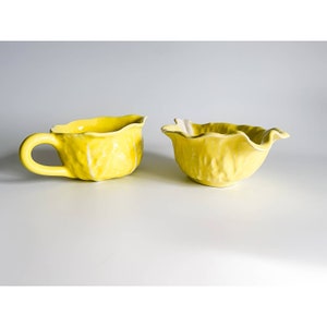 Vintage 1950s Secla Yellow Cabbage Leaf Creamer & Bowl Majolica Pottery Yellow