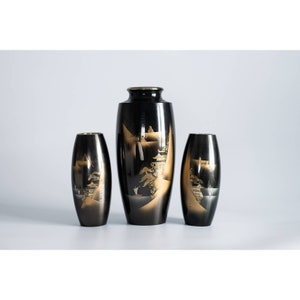 Set of 3 Vintage Fine Arts Japan Black and Gold Vase with Mountain Scene
