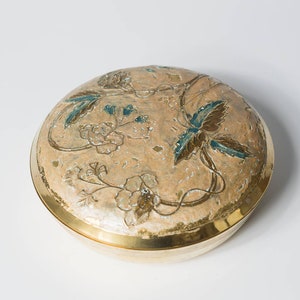 Vintage Brass Trinket Dish with Enamel Lid Made in India 6.25&quot; Diameter