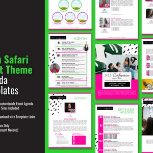 May include: A neon green and pink event agenda template with a safari theme. The template includes a title page, agenda, keynote, and detailed agenda sections. The template is customizable and includes US Letter and A4 sizes.