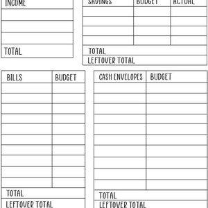 May include: A monochrome paycheck budget planner with sections for income, savings, bills, and cash envelopes. The planner includes spaces to write the month and paycheck date, and to calculate totals and leftover amounts.