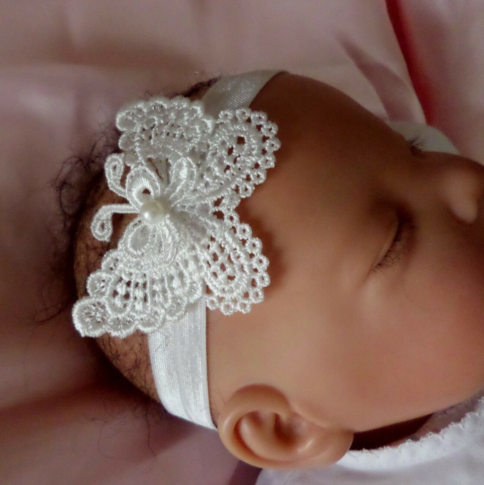 Ivory Satin Headband Hairband  Ivory Lace Pearl Butterfly Bridesmaid Flower Girl 