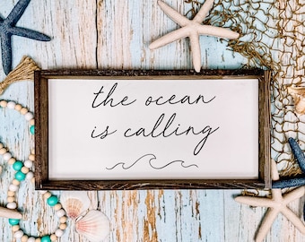Handmade 'The Ocean Is Calling' Framed Wood Sign, Coastal Decor