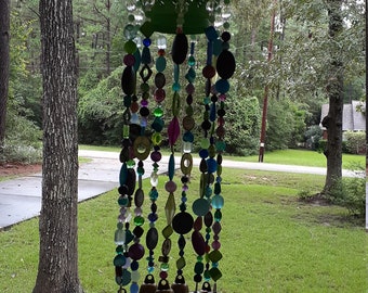 Green, Purple, Blue, and Pink Beaded Wind Chime - Bell Chime and Tea Light Candle Holder Bohemian Decor