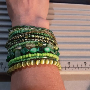 Beaded bracelet, beaded jewelry, multiple strand bracelet, stackable bracelet, layering set, hippie, boho, light/dark green,15 bracelets.