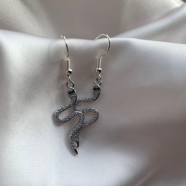 Twisted Snake Earrings Silver Whimsigoth Earrings Supernatural Aesthetic Rhinestone Snake Earrings Edgy Earrings Dainty Snake Earrings