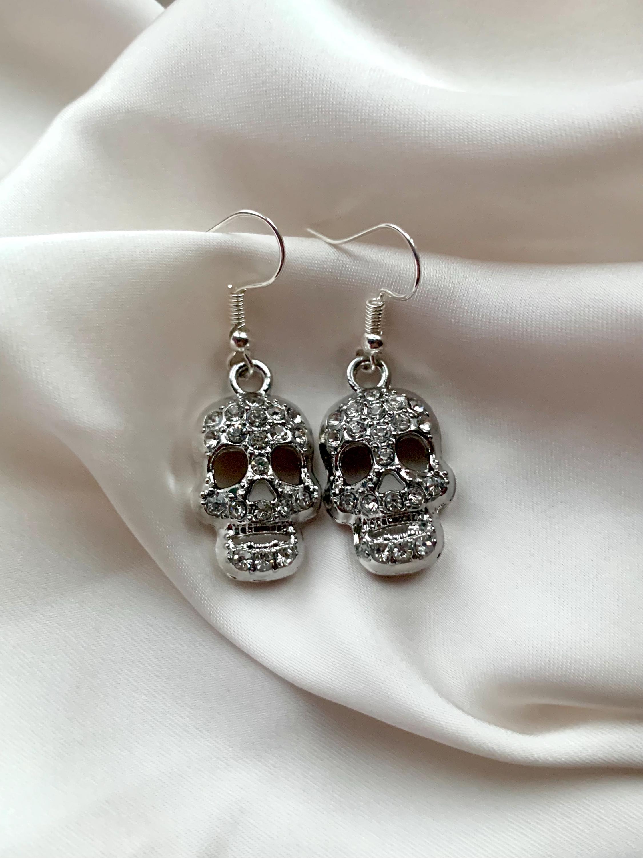 Gothic Skull Embellished Silver Handcrafted Buckle & Earring Srk. Crystals. Sterling Silver Sugar Skull Dangle Earrings main image 4