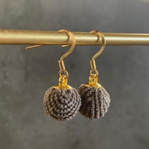 Handmade Crochet Ball Earrings: Gray Knit Yarn Dangles