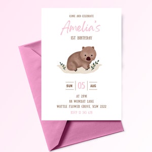 WOMBAT Birthday Invitation | Digital Invitation | Printable cute baby girl Australian animal pink party invite