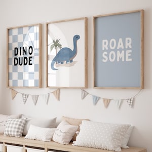 DINOSAUR prints | Set of 3 Blue dino dude wall art for boys bedroom or nursery decor | Digital download printable posters