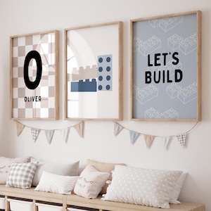 CUSTOM BOY NAME Building blocks prints | Set of 3 digital printable posters | Toy Bricks wall art | Blue Let's Build boys bedroom kids decor