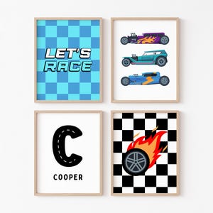 CUSTOM BOY NAME Rennwagen Drucke | 4er Set digitale Wandkunst druckbare Poster | Hot Wheels Rennauto Kinderzimmer Dekor für Jungen