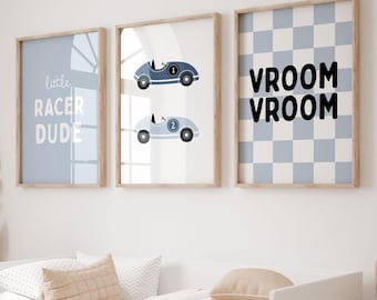 Láminas vintage de coches de carreras azules: decoración para habitación infantil de niño, juego de 3 (descarga digital)