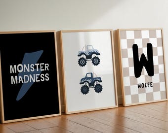 Monster Truck Print Set: Custom Name Wall Art, Blue Boys Room Decor (Digital Download)