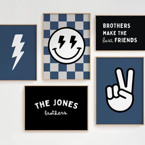 BROTHERS Print set | Custom name sibling wall art | Navy blue brother boys bedroom decor | checkered gingham smiley peace sign