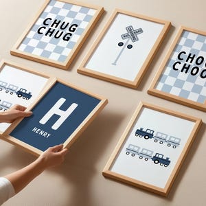 Impressões de TREM para quarto de meninos | Conjunto de 6 artes de parede digitais com nome personalizado | Pôsteres para impressão | Decoração de berçário de trem a vapor de locomotiva azul