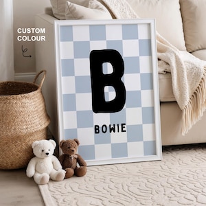 Impresión de arte de pared personalizada con NOMBRE DE NIÑO / Patrón de cuadros vichy de color personalizado / Monograma de letra inicial / Decoración de habitación de niño imprimible