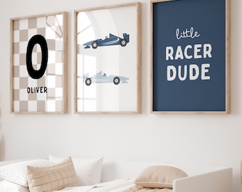 Vintage Racer Car Print Set: Navy Custom Boys Name Room Decor (Digital Download)