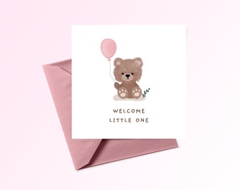 WELCOME New Baby Girl Bear Card | Printable Digital Greetings Card | Newborn Card | Baby Shower | Instant download