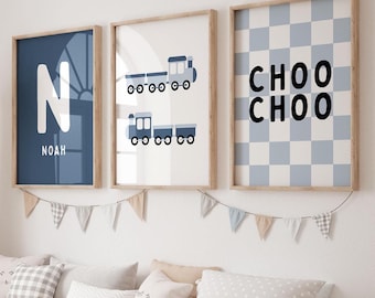 Train Locomotive Prints: Custom Name, Baby Boy Nursery Decor, Set of 3 (Digital Download)