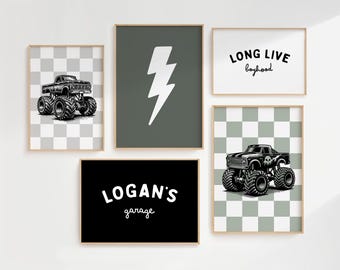 Monster Truck Personalised Name Prints, Boys Bedroom Art: Set of 5 (Digital Download)
