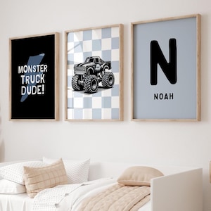 MONSTER TRUCK Prints Set of 3 | Truck dude wall art with custom name for boys bedroom | Digital wall art posters | Blue boy room decor