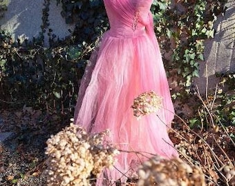 1950s Prom Dress Full Length Pink Tulle Strapless Formal Gown Boho Bridesmaid Maxi Dress Size Small