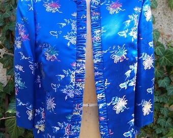 1950s Blue Floral Satin Cropped Jacket, Asian Style, Small/Medium