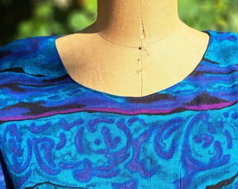 Vintage 80s Carole Little Dress, Blue Rayon Summer Dress, Size S/M