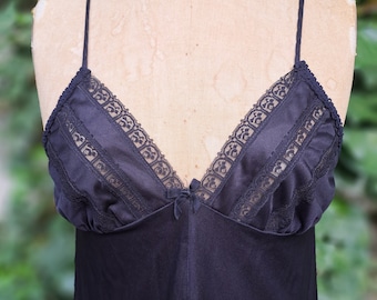 Vintage Negligee Black Silky Nylon Maxi Length Nightgown Size Small Semi-Sheer