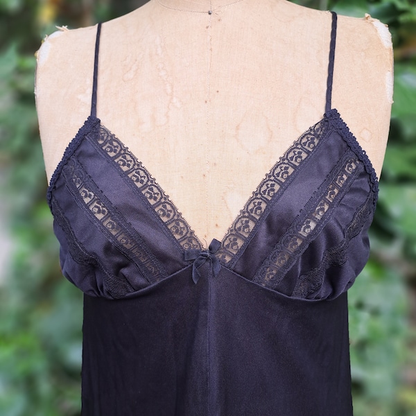 Vintage Negligee Black Silky Nylon Maxi Length Nightgown Size Small Semi-Sheer