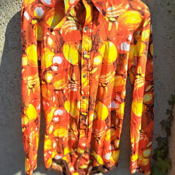 Vintage 70's Men's Disco Bodysuit Lemon and Orange Fruit Print Nylon Stretch Fabric Size Medium