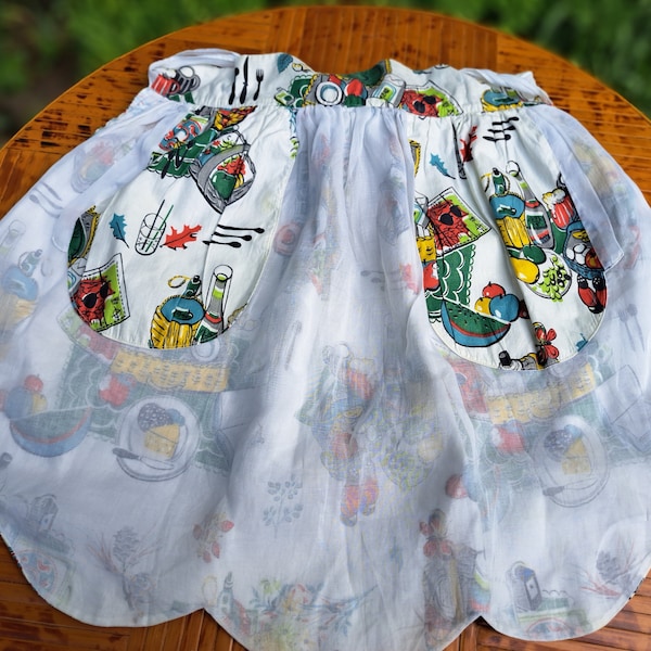 Vintage Apron Adorable 1950's Handmade Reversible Cotton With Picnic Basket Theme Print Pockets on One Side