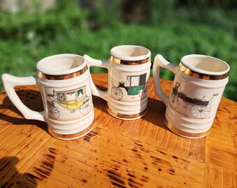 Vintage Ceramic Beer Steins Set: Antique Car Design, 22K Gold Trim