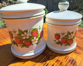 Vintage Ceramic Canisters Set of 2 Strawberry Fields Kitchen Storage Containers 1970's Home Decor Made in Japan