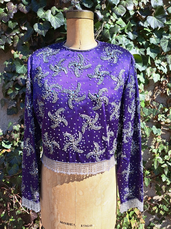 1960's Blouse Boho Purple Beaded Satin Silk Croppe