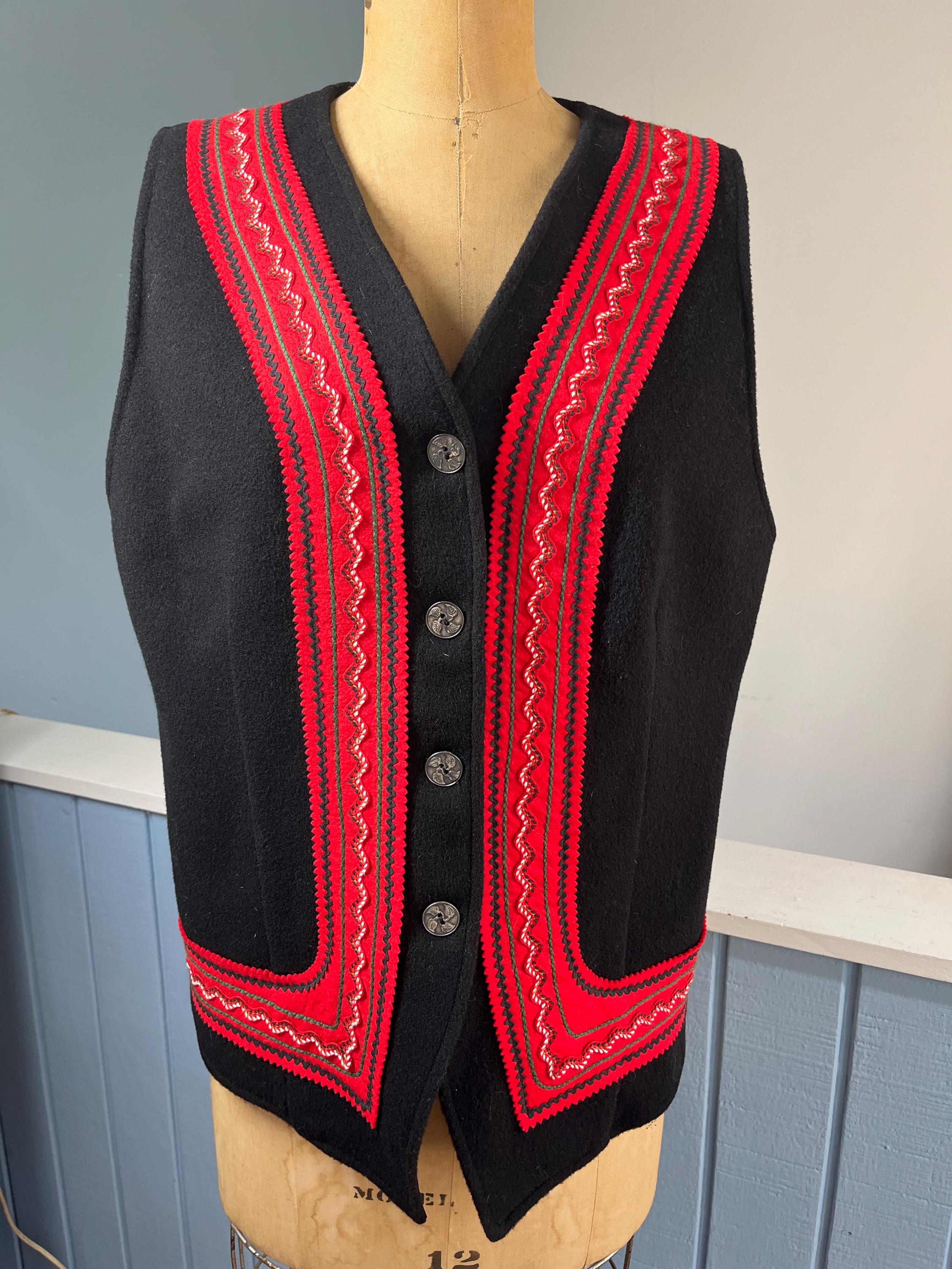 Orvis Vest Black Wool Tyrolean Style With Red Rick Rack Trim 