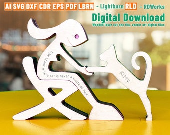 Girl and Cat, girl with kitty, cat lover, pet, wooden figure, laser cut, STL file, 3D Print, cnc files, vector files; cdr ai pdf dxf svg eps