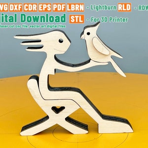 Girl and bird on chair, Women with bird, pet, wooden figure, laser cut file, STL file 3D Printer, cnc, vector files; cdr ai pdf dxf svg eps