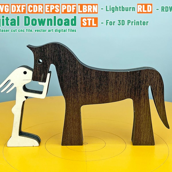 Horse with girl - women or horse with boy - man, wooden figure, laser cut, STL file 3D Printer, cnc file, vector file cdr ai pdf dxf svg eps