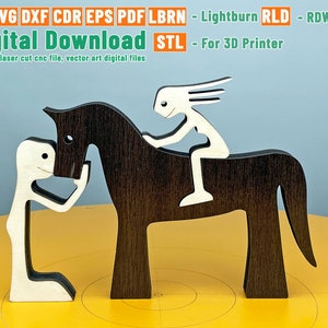 Pferd mit Mädchen und Junge, Frau auf Pferd, Holzfigur, Laserschnitt, STL-Datei für 3D Drucker, cnc-Datei, Vektordateien; cdr ai pdf dxf svg eps