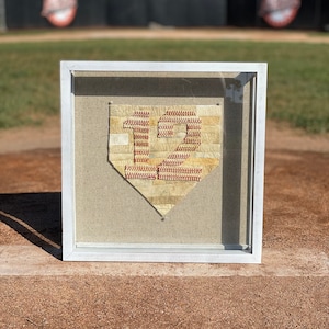 Baseball home plate handmade from authentic used baseballs with number or name cut from baseball laces
