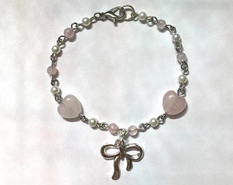 coquette silver bow bracelet with pink hearts | Cute pink bracelet | Princess Jewelry