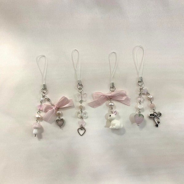 pink coquette phone charms with bows | cute bunny phone charm | soft girl aesthetic