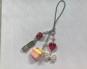 Cute strawberry shortcake phone charm | red beaded  strawberry keychain | phone strap