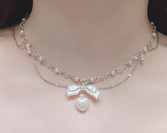 Coquette pearl necklace with bow & hearts | Layered bead necklace | Princess jewelry