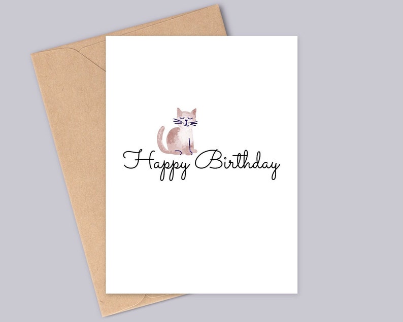Carte d'anniversaire beige chat aquarelle - joyeux anniversaire - Design minimaliste simple - fait main - A6 - recyclable image 1